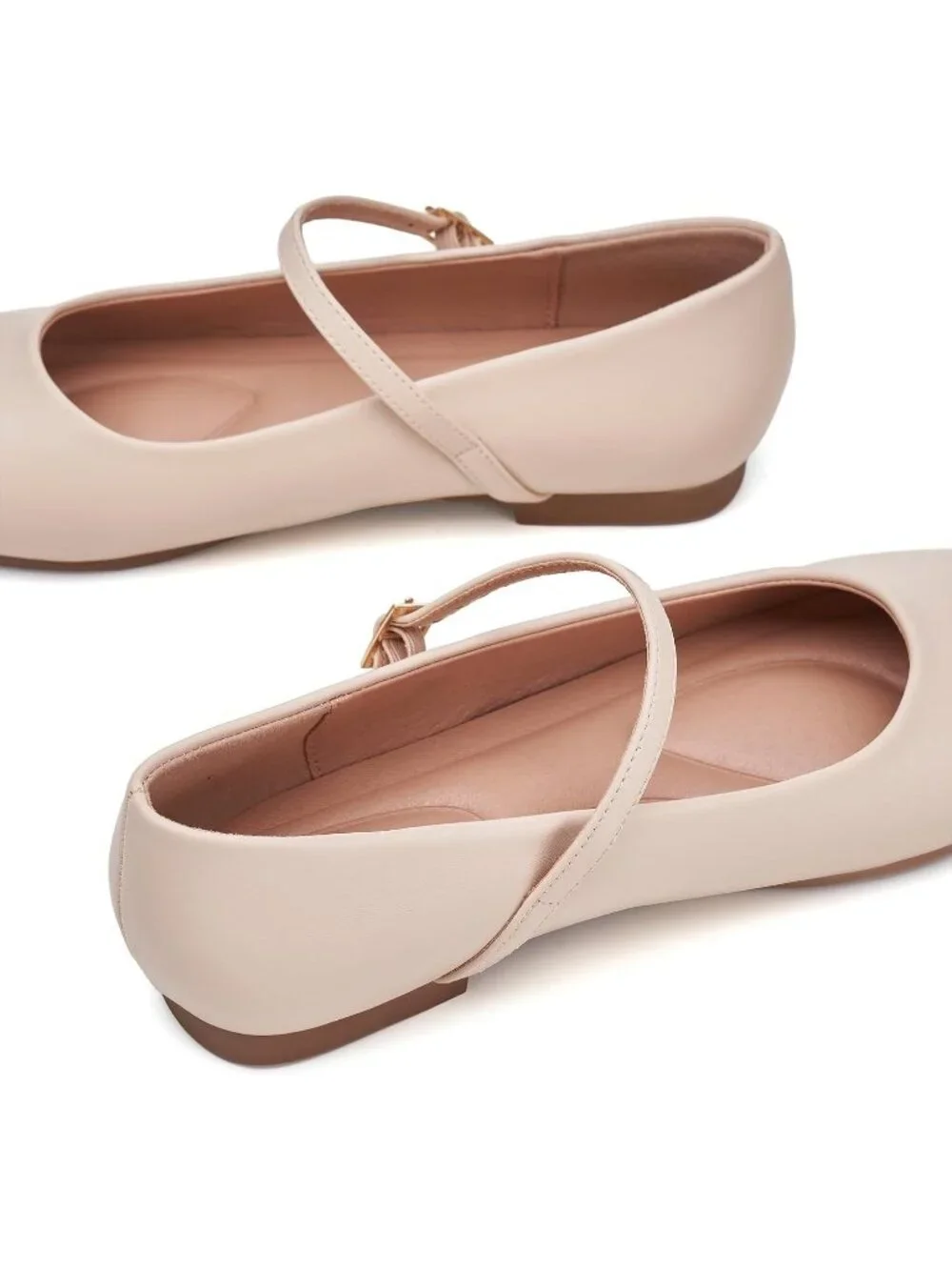 Women's Nude Square Toe With Adjustable Buckle Strap Ballet Flat Slip On Shoes